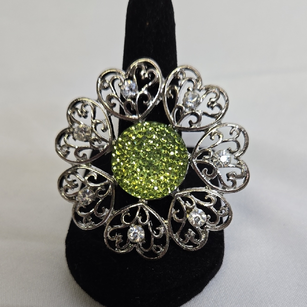 Heart Statement‎ Ring, Adjustable, Silver and Green